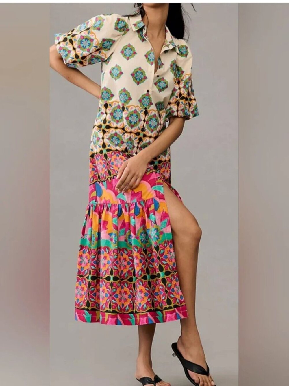 Anthropologie Cotton Maxi Short Sleeve floral Geometric Print Dress size S